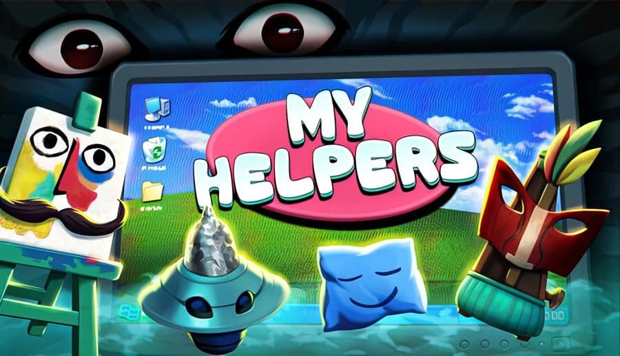 My Helpers: cartoon robot faces and sleepy blue block under game title on a computer desktop with icons and clouds.