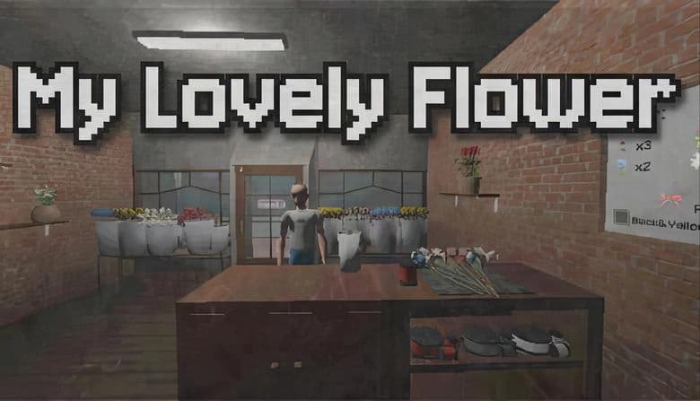 My Lovely Flower: Young bald man in white shirt and jeans stands in flower shop with brick walls and bouquets on shelves.