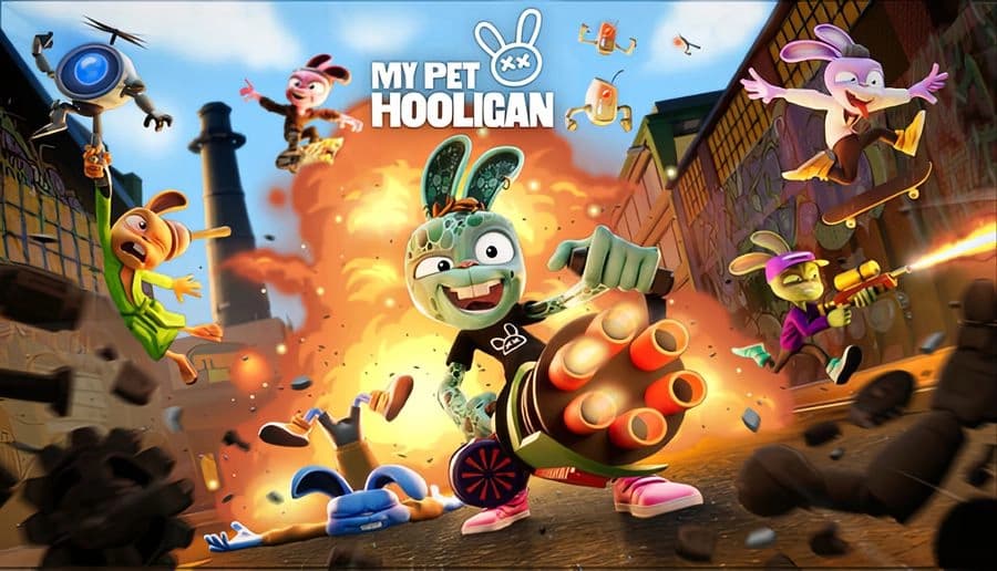 My Pet Hooligan: green rabbit mascot aims a large gatling gun on city street, explosions and smoke in orange sky.