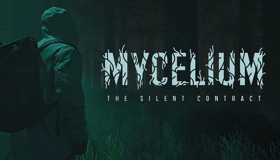 Mycelium: Hooded figure with backpack stands in shadowy forest, surrounded by tall trees in eerie green light.