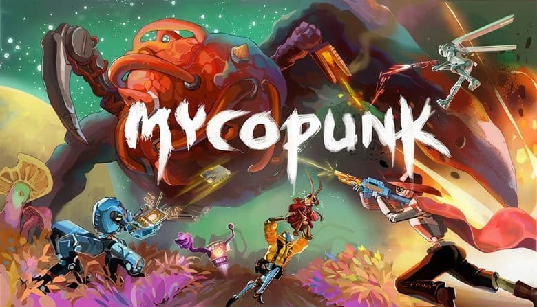 Robots, each equipped with unique gadgets and weapons, battle a giant red fungal spider in a vibrant cosmic landscape.