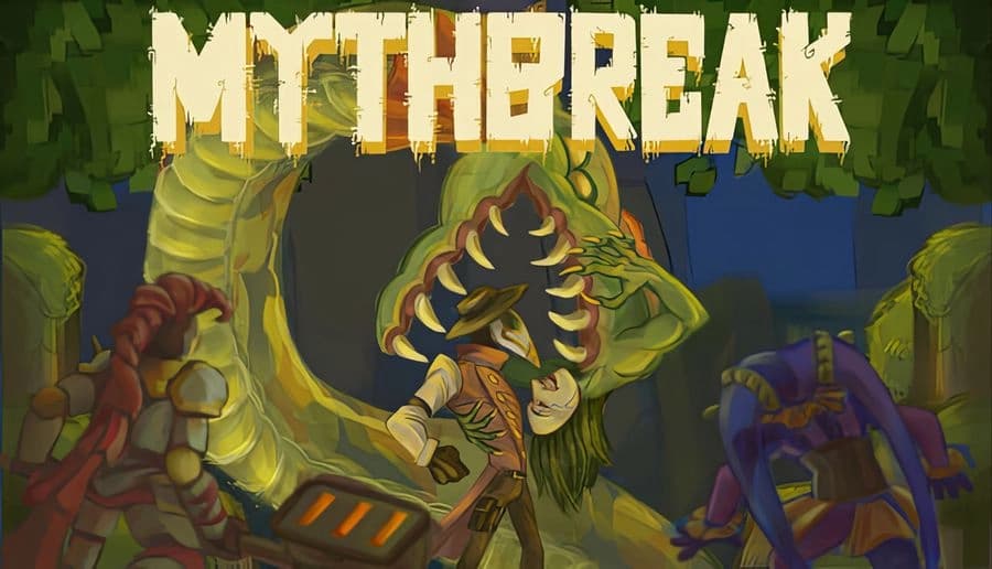 Mythbreak: armored warrior with round shield faces giant green serpent amid dense jungle foliage and stone ruins.