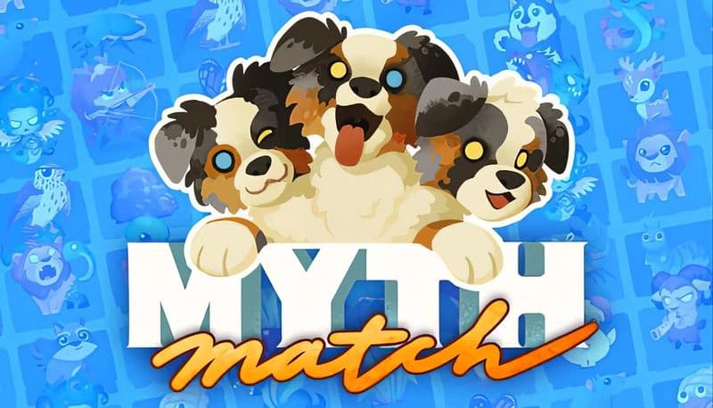 Mythmatch: Three-headed dog with fluffy fur stands against a grid of mythical creatures on a vibrant blue backdrop.