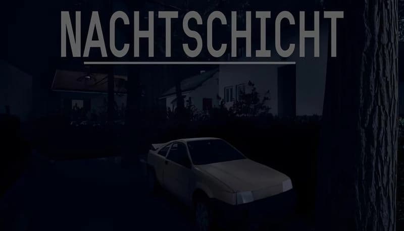 Nachtschicht: White car parked near dark house surrounded by trees in nighttime setting, dimly lit windows visible.
