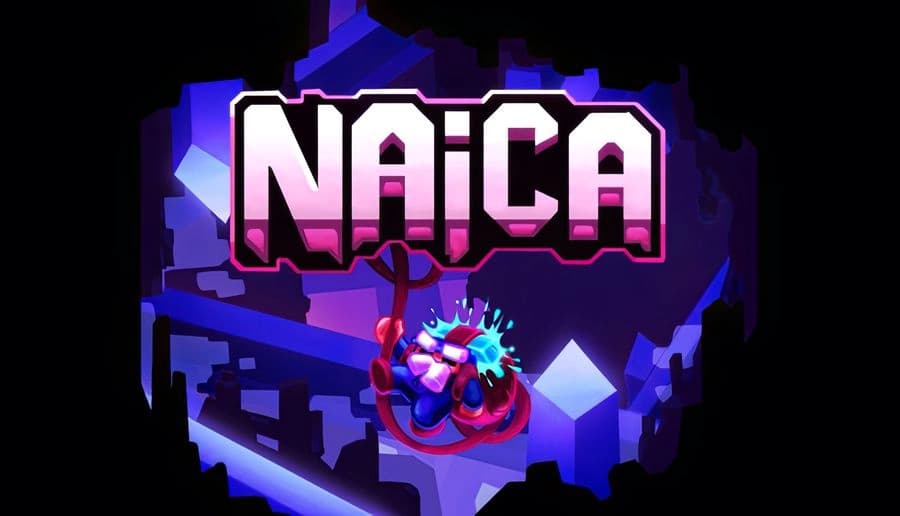 NAICA: Red-suited robot grapples through glowing blue crystal blocks and cavern walls beside a large purple title banner.
