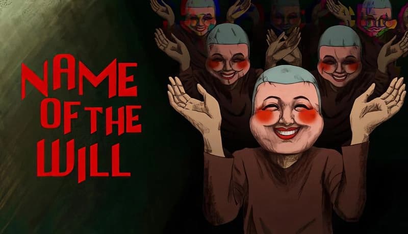 NAME OF THE WILL: Masked figure with hands raised, surrounded by multiple similar faces, set against a dark background.
