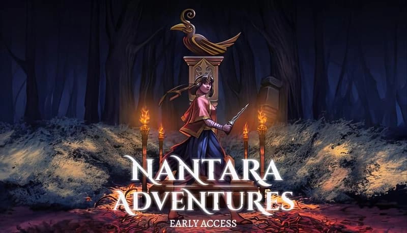 Nantara Adventures Demo: Young girl with dagger stands before idol in dark forest, surrounded by glowing candles on fallen leaves.