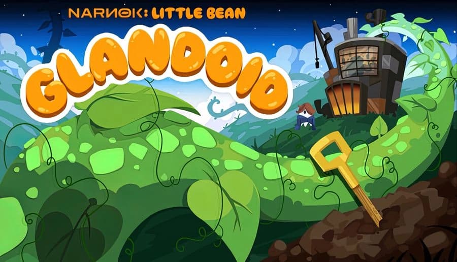 NARNOK: Big green bean creature smiles beside a shovel under a starry sky near rocks, trees, and a cave entrance.