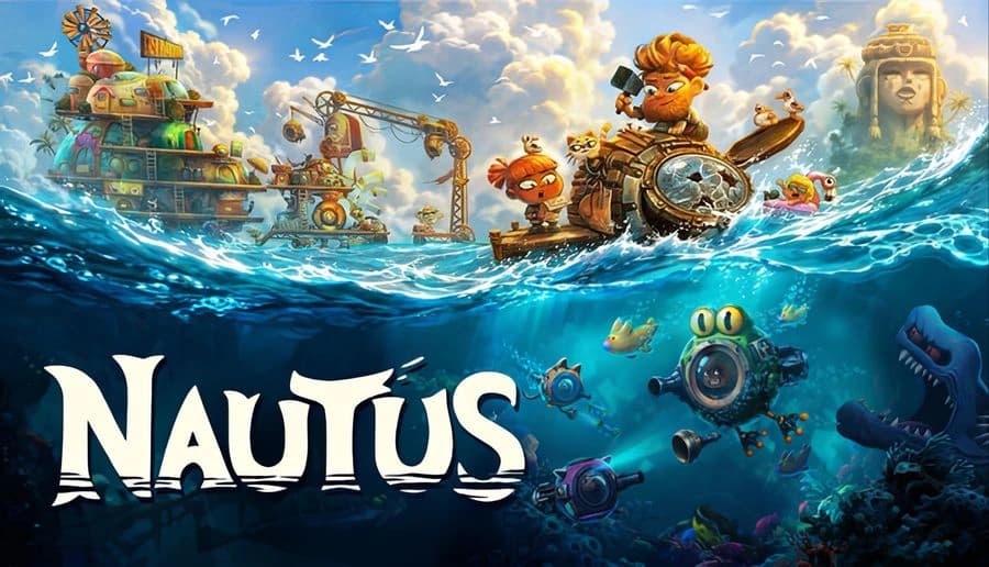 NAUTUS: Two men on a raft at sea, aiming gear; below, small submarine fights fish near a shark in bright water.
