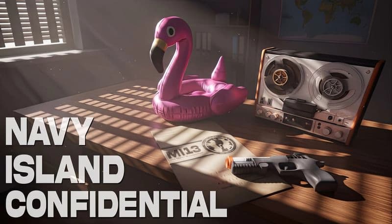 Navy Island Confidential Alpha: Inflatable pink flamingo beside tape recorder and toy gun in sunlit office with blinds.