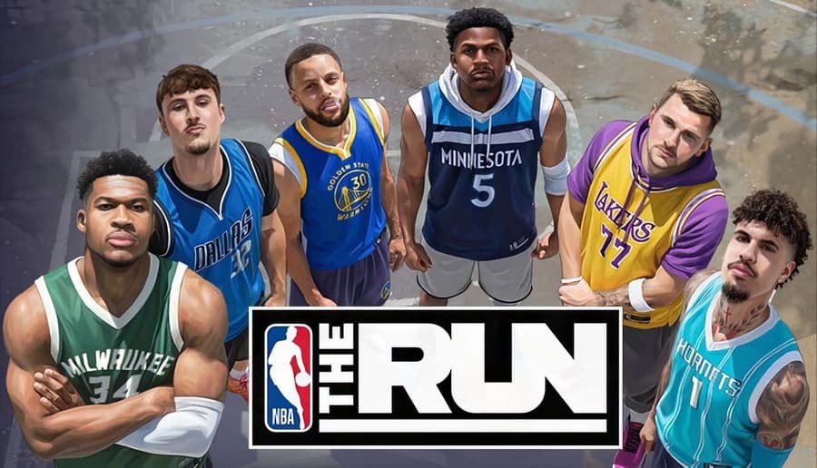 NBA THE RUN: Six male basketball players in NBA jerseys pose facing camera studio-gray backdrop with large title banner.