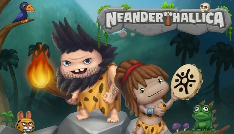 Cartoon cave people in leopard print—man with torch, girl with tambourine—stand on rocks with bird, frog, and leopard nearby.