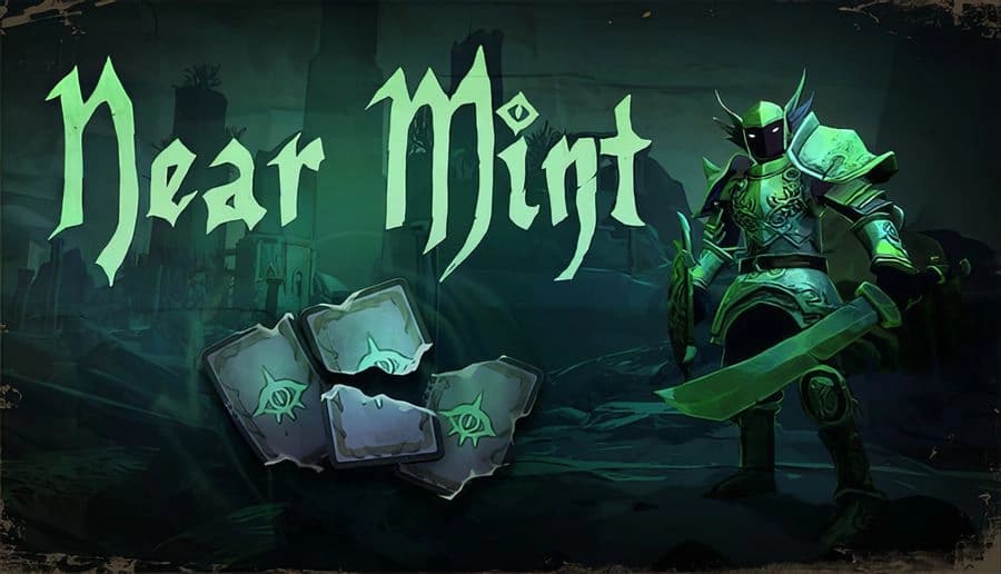 Near Mint: armored knight holding a glowing green sword beside cracked cards in a dark ruined castle hall.