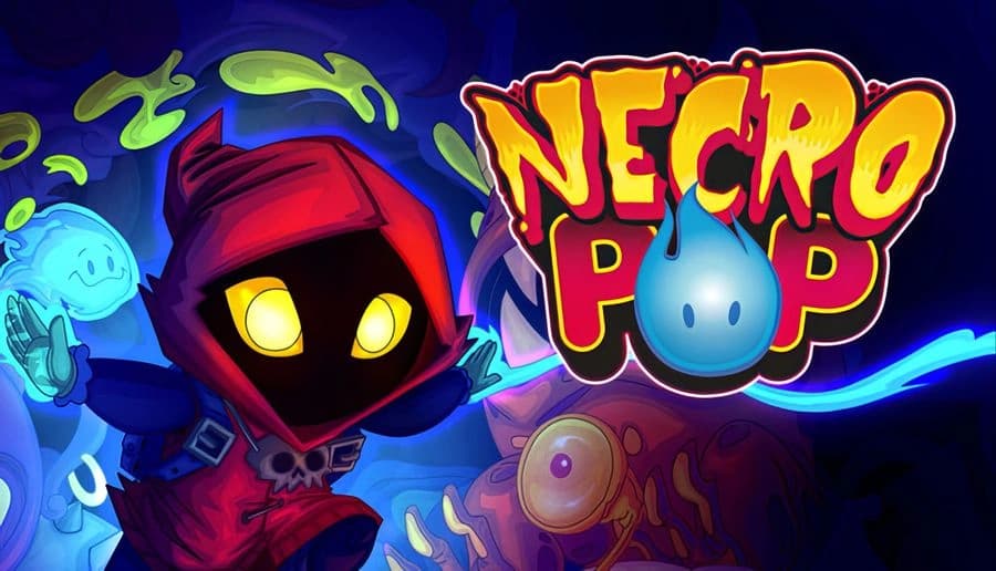 Necro Pop: Bright red and yellow Necro Pop title with blue flame droplet mascot on dark blue ghostly backdrop.