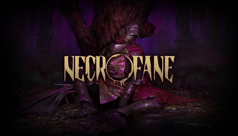 Necrofane: armored knight slumped against a stone pillar, sword at his side, in a shadowy underground crypt.