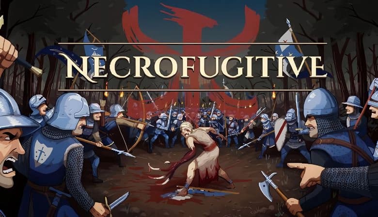 Necrofugitive: Shapeshifter battles armored knights in a dense forest, surrounded by soldiers with swords and shields.