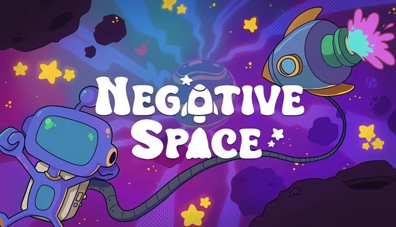 Negative Space: Cartoon astronaut floats tethered to a rocket in colorful cosmic scene, surrounded by stars and asteroids.