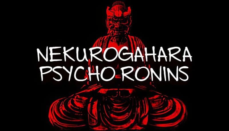 Nekurogahara: Red samurai statue in meditative pose against black backdrop, exuding a mysterious and intense atmosphere.