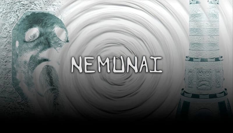 Nemunai: Abstract mask with swirling background and ornate tower, evoking mystery in monochrome palette.
