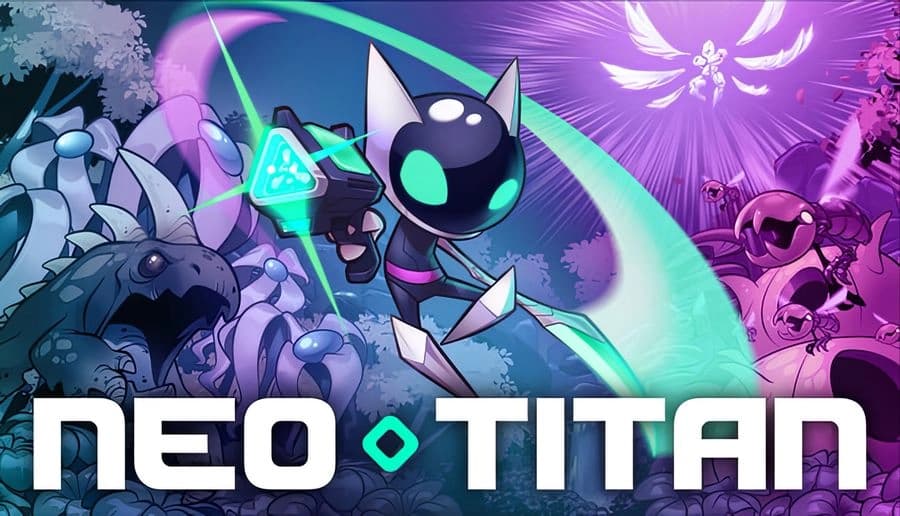 NEO TITAN: black robot hero swings glowing green blade at alien beasts amid purple forest ruins and neon smoke.