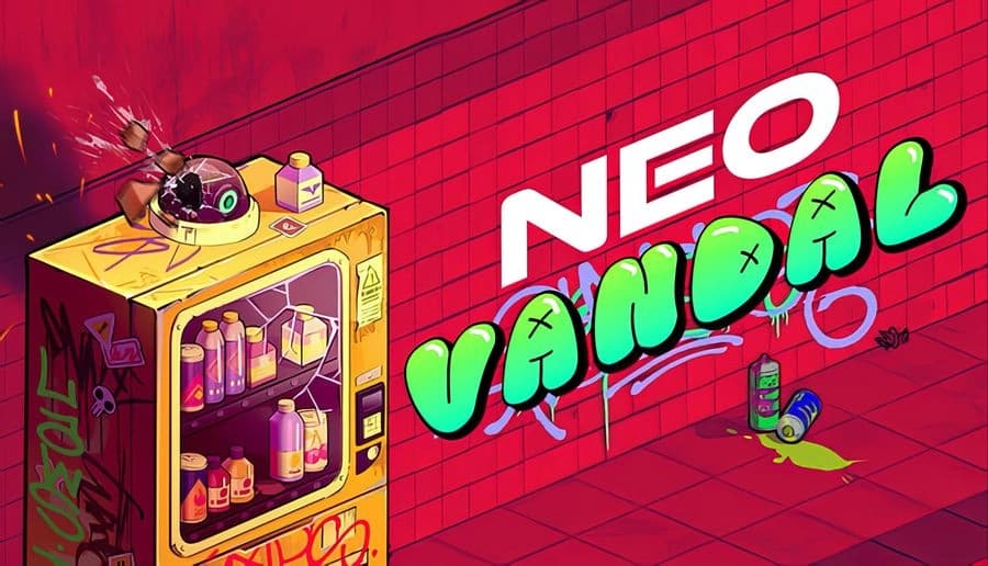 NEO VANDAL: Graffiti-style title over red brick wall beside a yellow vending machine with cans and bottles inside.