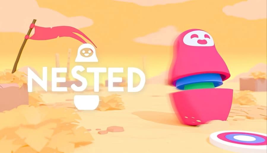 Nested: Pink nesting doll halves separating to reveal blue and green layers in a sandy desert with flag and clouds.