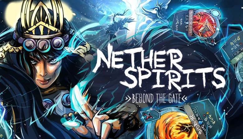 Nether Spirits: Dark-haired sorceress casts spell amid swirling cards and glowing blue energy in a mystical fantasy setting.