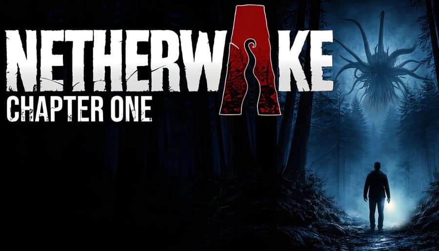 Netherwake: lone man walking toward a bright opening in dark forest, huge spider-like creature looming in foggy sky.