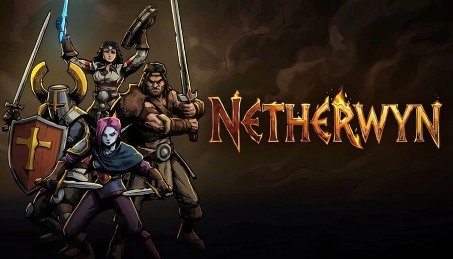 Netherwyn: Four armored fighters pose with swords and shields beside the fiery title on a smoky brown backdrop.