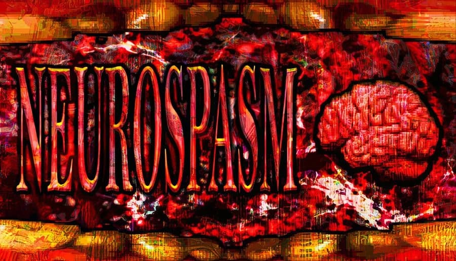 Neurospasm: Distorted red title over a fleshy wall with a pink brain at right in a glitchy, blood-speckled frame.