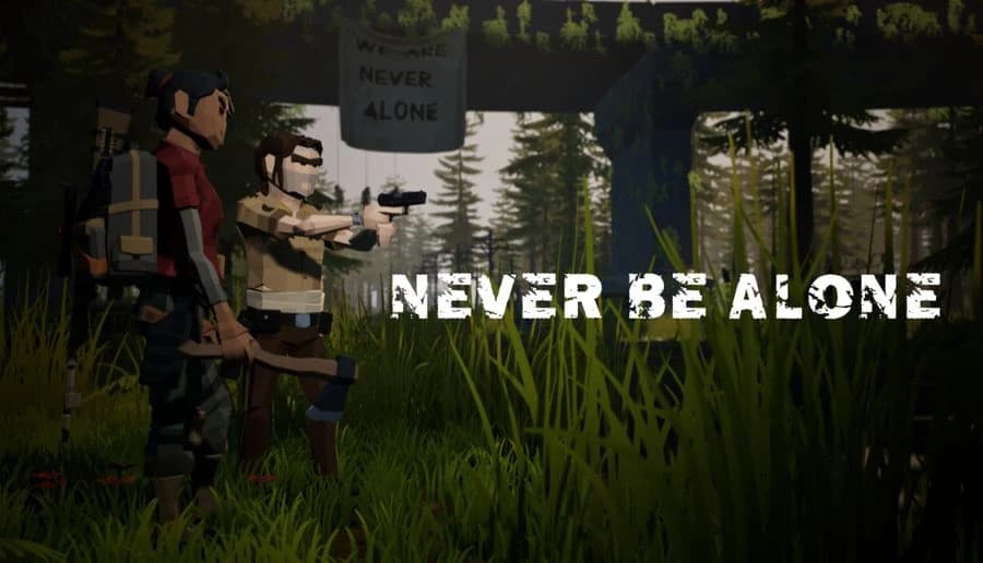 Never Be Alone: Two armed men in sunglasses aim pistols beside a road sign, in a dense pine forest clearing.
