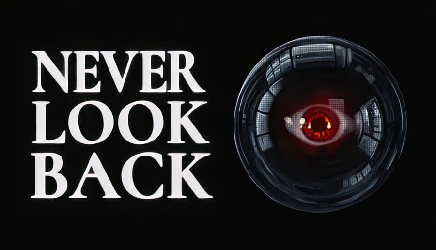 NEVER LOOK BACK: glowing red eye in a round camera lens beside bold white title on a dark, grainy background.