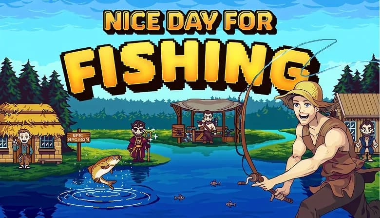 Smiling fisherman in yellow hat holds fishing rod by river. Wizard nearby. Trees and cabins in background with various NPCs.