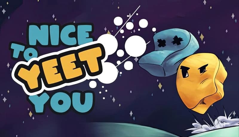 Nice To Yeet You: Two animated blobs with eyes float in a starry night sky, ready to face off in a whimsical setting.