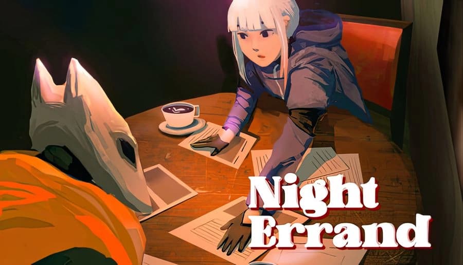 Night Errand: young woman studies photos and papers on a cafe table with coffee, facing hooded figure in booth.