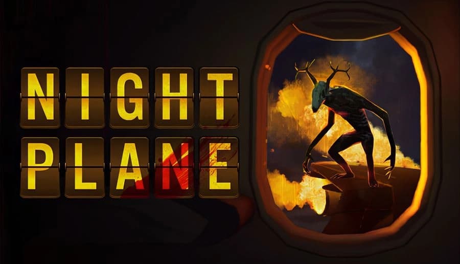 Night Plane: yellow letter tiles spell NIGHT PLANE beside a plane window showing a long-limbed creature on fire sky background.