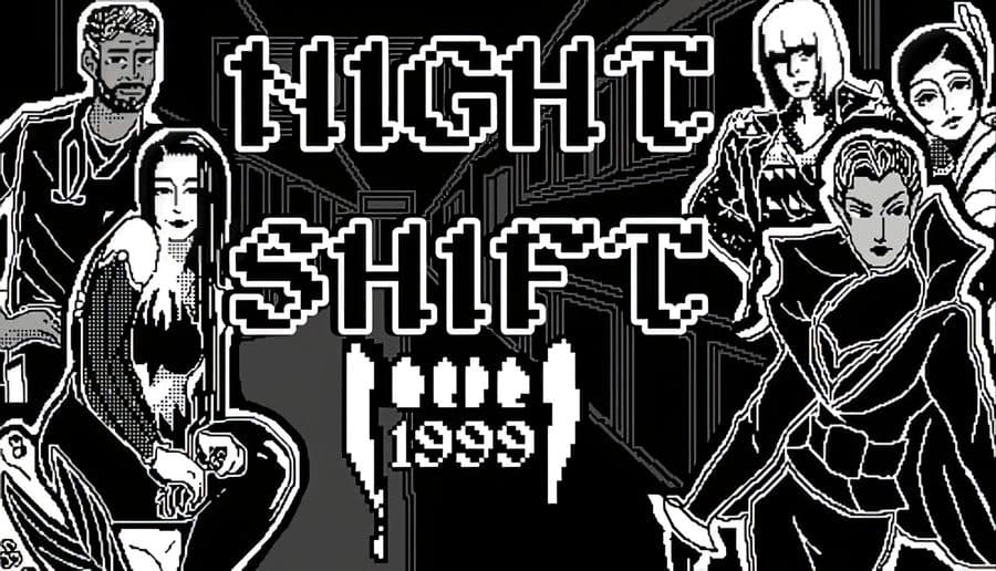 Night Shift: Pixel-art vampires in gothic clothing pose around a Night Shift 1999 title on a dark city backdrop.