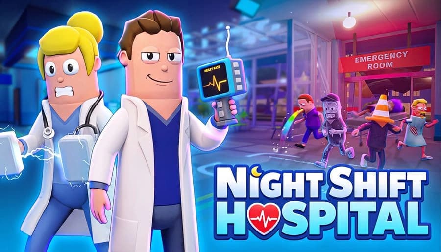 Night Shift Hospital: male doctor holding heart monitor, worried male nurse beside him inside busy emergency room lobby.