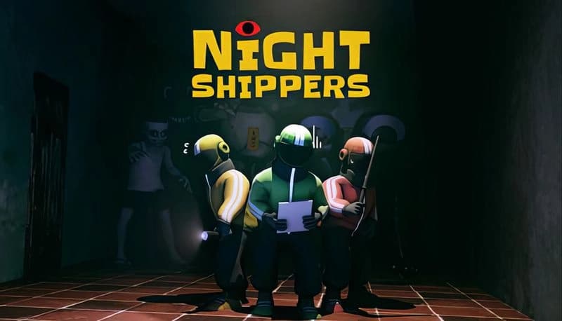 Night Shippers: Three delivery workers in colorful uniforms stand in a dim hallway, monsters lurking in the background.