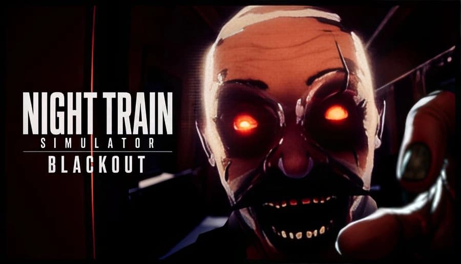Night Train Simulator: close-up of pale bald man with glowing red eyes reaching forward dark background with shadows.