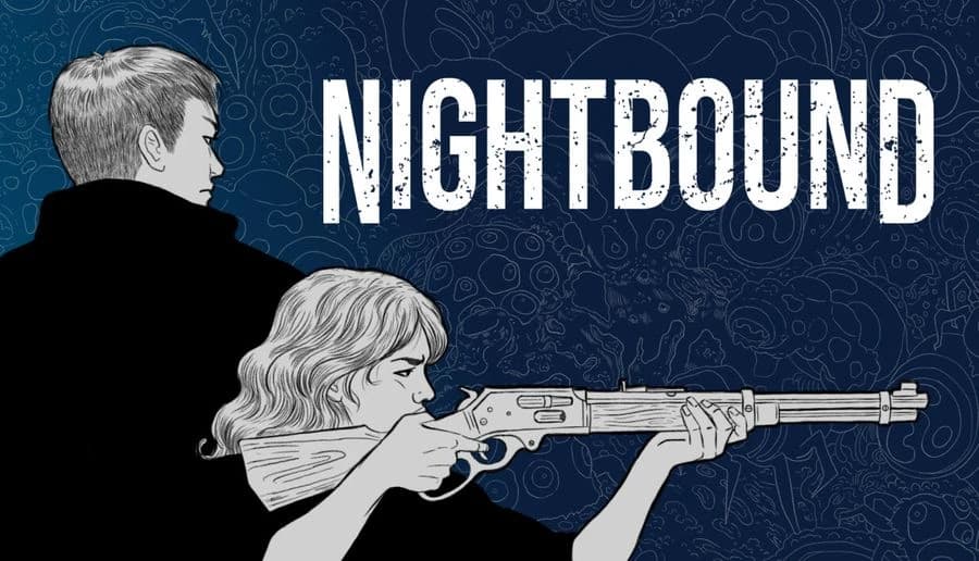 Nightbound: Woman aims a long rifle in profile while a man stands behind her against a blue patterned backdrop.