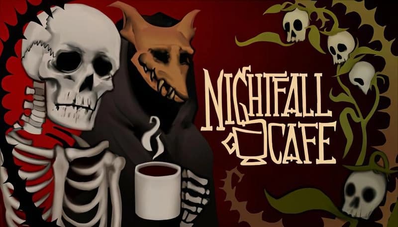 Nightfall Cafe: Skeleton and horned figure, holding mugs, stand against a dark red backdrop with skulls and vines.