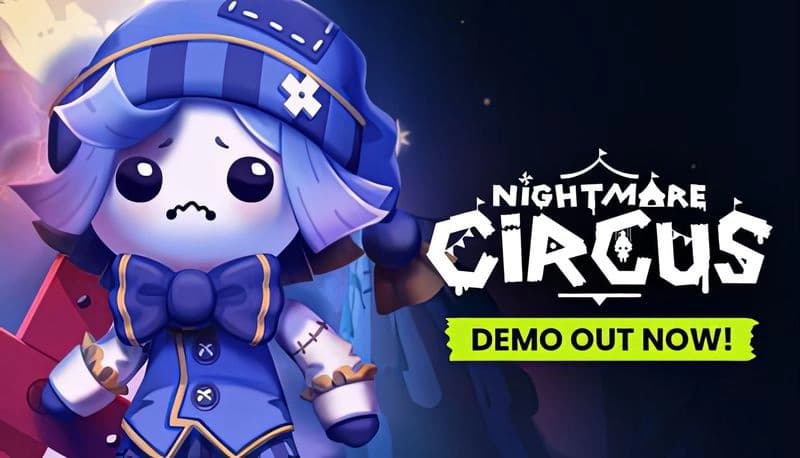 Nightmare Circus: Sad doll with stitched arms wears blue outfit in eerie, colorful circus setting with spotlights.