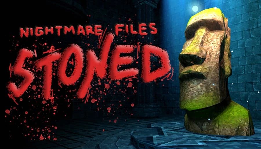 [Nightmare Files] Stoned: mossy stone Moai head statue by a wet brick wall in a dark, blue-lit alleyway.