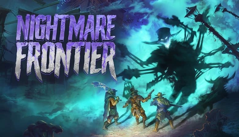 Three adventurers, one with a sword, one with a revolver, one with a shotgun, face a giant shadow creature with glowing eyes.