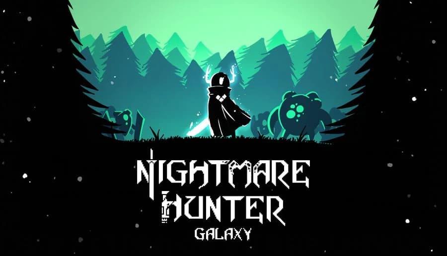 Nightmare Hunter Galaxy: hooded hunter with glowing blue sword faces a monster in dark pine forest at night.