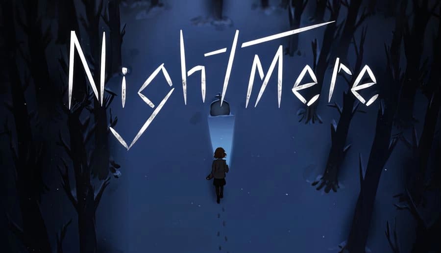 Nightmere: Young girl walks alone through snowy forest path under hanging streetlights and bare trees at night.