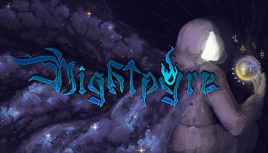 Nightpyre: Hooded figure holds glowing orb, casting faint light in dark tunnel with starry cosmic patterns on walls.