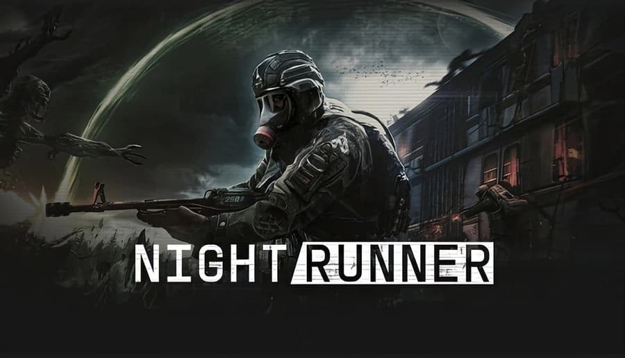NightRunner: gas-masked soldier aims assault rifle beside ruined buildings under stormy sky with green glow behind.