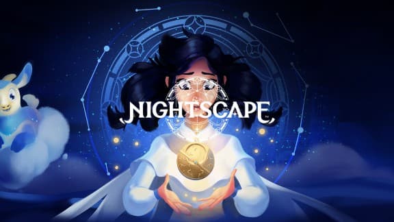 Nightscape: Girl with flowing hair holds glowing orb, surrounded by celestial patterns and fluffy creature on clouds.